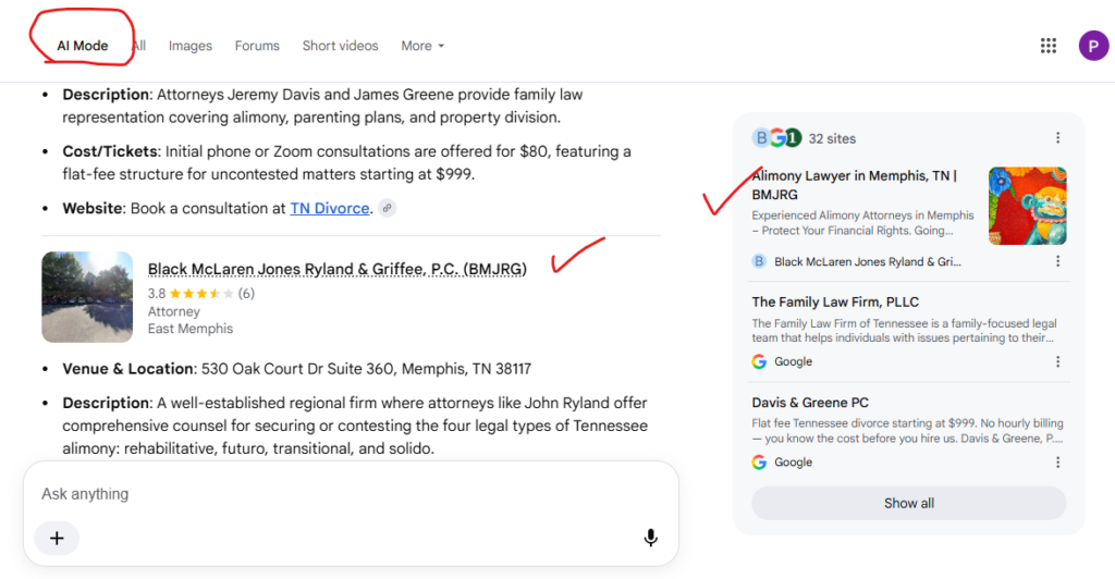 Snapshot of Google’s AI Tool “Search Generative Experience” mentions our client 