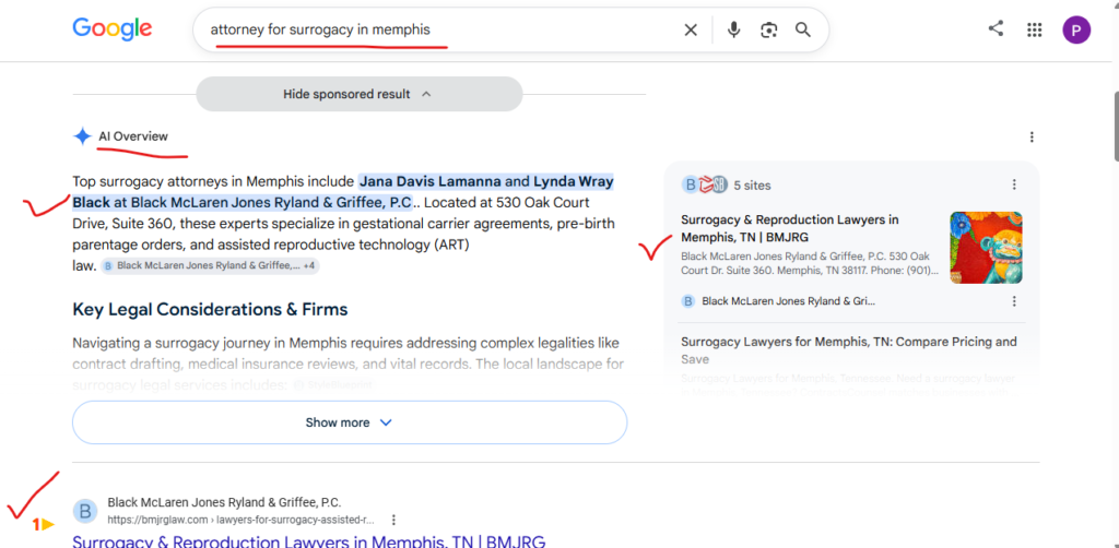 Snapshot showing multiple front page placements for the targeted keywords for our client.